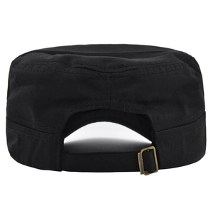 Detail view of the adjustable metal buckle and strap on the black cotton cadet hat