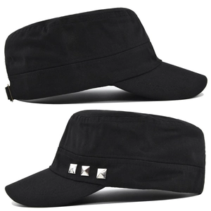 Detail view of black canvas military caps featuring silver metal rivets and stiffened brims