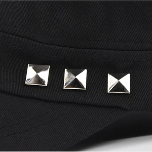 Classic black plain flat cap with three decorative silver square pyramid metal rivets