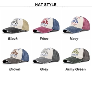 Detailed grid view of washed vintage baseball caps in six classic colors with motorcycle prints