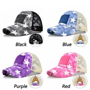 Tie-dye ponytail baseball caps with American flag stars and stripes embroidery in 4 colors