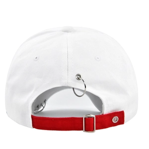 Detail view of white baseball cap back with red strap and silver ring decoration