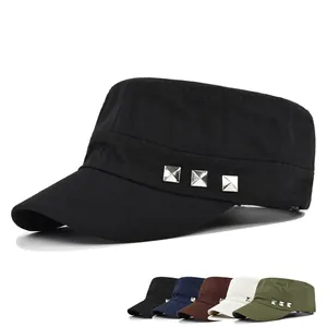 Vintage Cotton Flat Top Cadet Cap With Metal Square Rivets Adjustable Military Style Sun Hat For Men Women Casual Outdoor