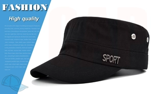 Detail view of cotton twill military cap with metal SPORT logo and breathable eyelets