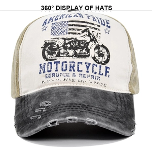 Detail view of vintage distressed baseball cap with motorcycle and flag print design