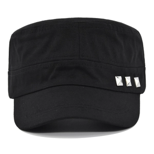 Black cotton cadet cap with square silver metal studs in a minimalist military style