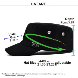 Detailed size chart for black military flat top cap showing head circumference 54-60cm