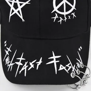 Graffiti printed black cotton baseball cap with five-point star and metal rings detail
