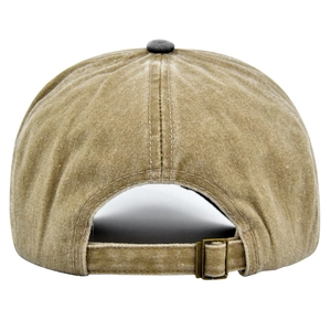 Detail view of washed cotton baseball cap featuring vintage adjustable metal buckle back