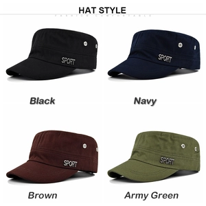 Flat top cadet caps in black, navy, brown, and army green with metal SPORT logo