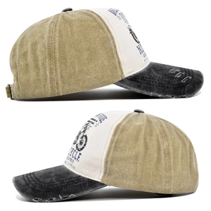 Side view of distressed vintage baseball cap with motorcycle prints and patchwork design