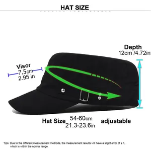 Size chart showing adjustable 54-60cm circumference and depth for the black cadet hat