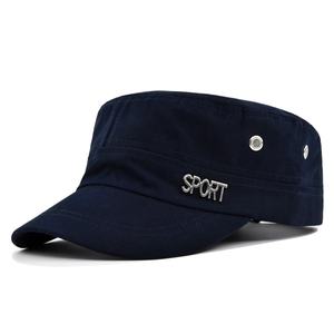 Detail of navy blue cotton cadet cap featuring sport metal logo and breathable eyelets