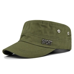 Detail of army green flat top cap featuring metal SPORT letters and ventilation eyelets