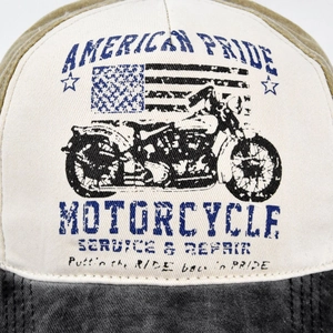 Vintage graffiti washed baseball cap with American Pride motorcycle print and wide brim