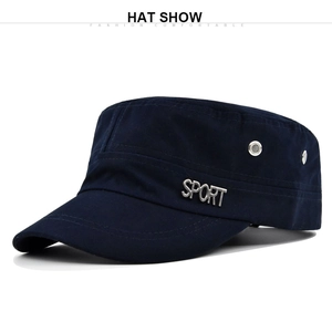 Detailed side view of navy cadet hat showing metal SPORT logo and air vents