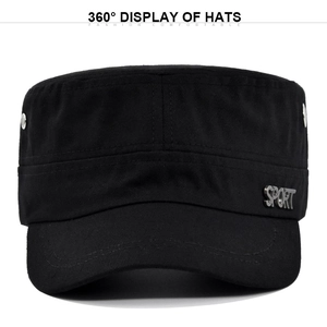 Close-up of black canvas military flat top hat with sport metal plate and air vents