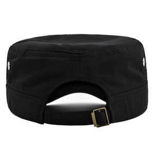 Detail of black cotton flat top military cap with bronze metal buckle and side vent holes