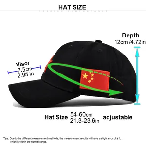 Size chart showing baseball cap dimensions with 12cm depth and 54-60cm adjustable fit