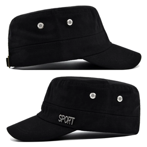 Detail of a black cotton cadet cap showing metal side vents and SPORT emblem on the side