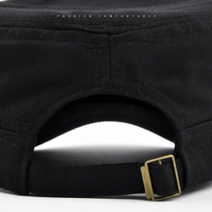 Detail view of cotton army cap back with adjustable strap and vintage bronze metal buckle