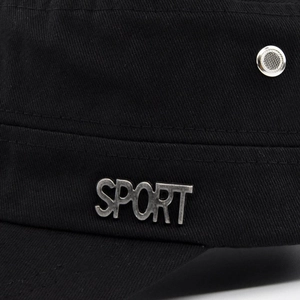 Classic black cotton canvas flat top army cap featuring a metal SPORT side badge