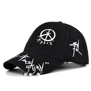 Streetwear Graffiti Print Baseball Cap Cotton Hip Hop Hat With Metal Rings Adjustable Punk Style Sun Protection Duckbill Cap