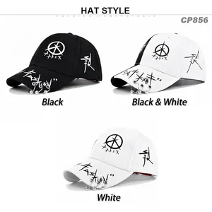 Graffiti print baseball caps with metal rings in black, white, and patchwork color