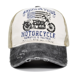 Distressed tricolor washed cotton baseball cap with vintage American motorcycle print