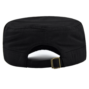 Detail of adjustable metal buckle and fabric strap on a black cotton military flat top cap