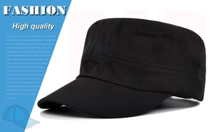 Detail view of solid black cotton canvas military cap with reinforced stitching lines