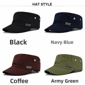 Flat top canvas army caps in black, navy, coffee, and green with SPORT metal logo