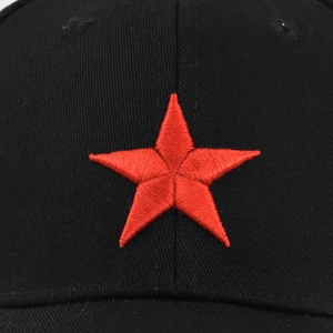 Black cotton baseball cap featuring 3D red five-pointed star embroidery on the front