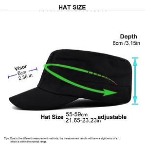 Detailed size chart for the solid color cadet army cap showing brim and crown measurements