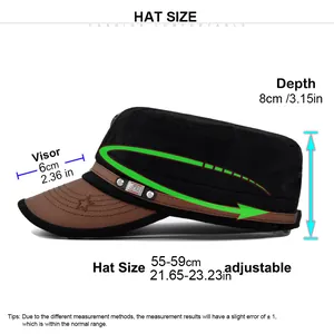 Adjustable black flat top military cap with leather visor and detailed size chart measurements