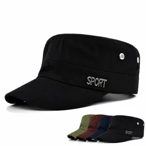 Unisex Cotton Flat Top Cadet Hat With SPORT Metal Logo Adjustable Military Style Sun Cap For Outdoor Casual Sports