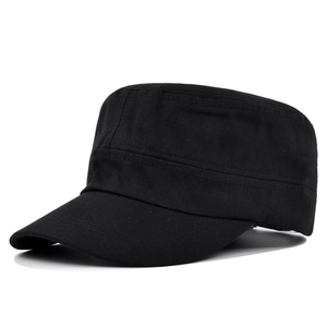 Side view of a classic black cotton cadet cap with curved brim and reinforced stitching