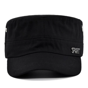 Unisex Cotton Flat Top Cadet Hat With SPORT Metal Logo Adjustable Military Style Sun Cap For Outdoor Casual Sports
