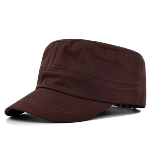 Close-up of durable dark brown cotton flat top military cap with fine decorative stitching