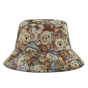 Retro bucket hat met berenpatroon van jacquard stof voor dames vrije tijd buiten