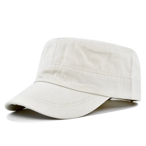 Detailed close-up of solid color flat top military cap in beige cotton canvas fabric