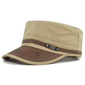 Close-up of khaki cotton cadet hat featuring brown leather brim and embroidered star
