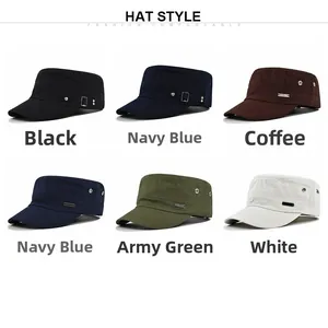 Flat top military cadet caps shown in black, navy, coffee, army green and white colors