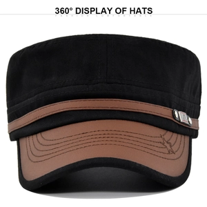 Detail view of the flat top cadet hat with canvas crown and brown faux leather brim