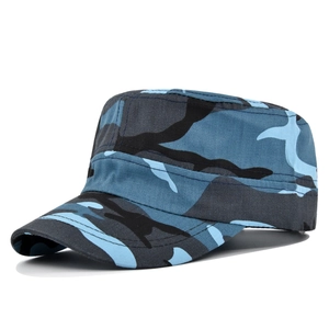Detail view of a camouflage cadet cap in blue, black, and gray with a short brim design