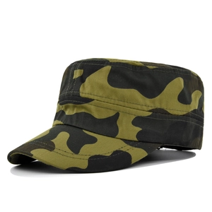 Close-up of jungle camouflage cadet cap featuring durable cotton twill and flat top design