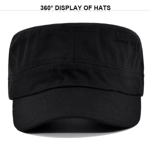 Front view of black cotton canvas cadet cap with a stiff brim and durable fabric texture