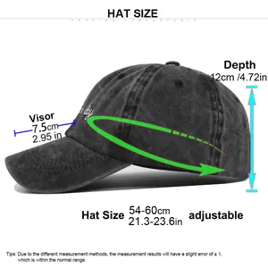 Detailed size chart for the washed grey baseball cap with embroidery and adjustable strap