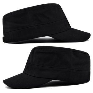 Detailed side view of black cotton twill cadet caps showing texture and curved brim