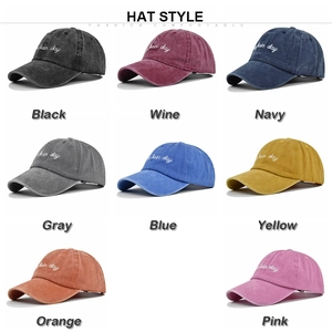 Grid display of vintage washed baseball caps with Hair Day embroidery in 8 vibrant colors